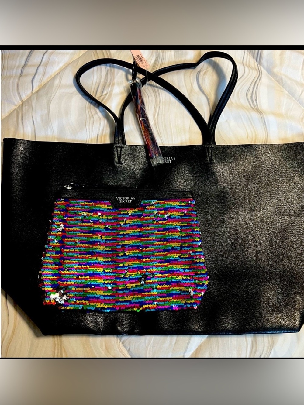 NWT Victoria's Secret Black Tote with Rainbow Sequin Pouch